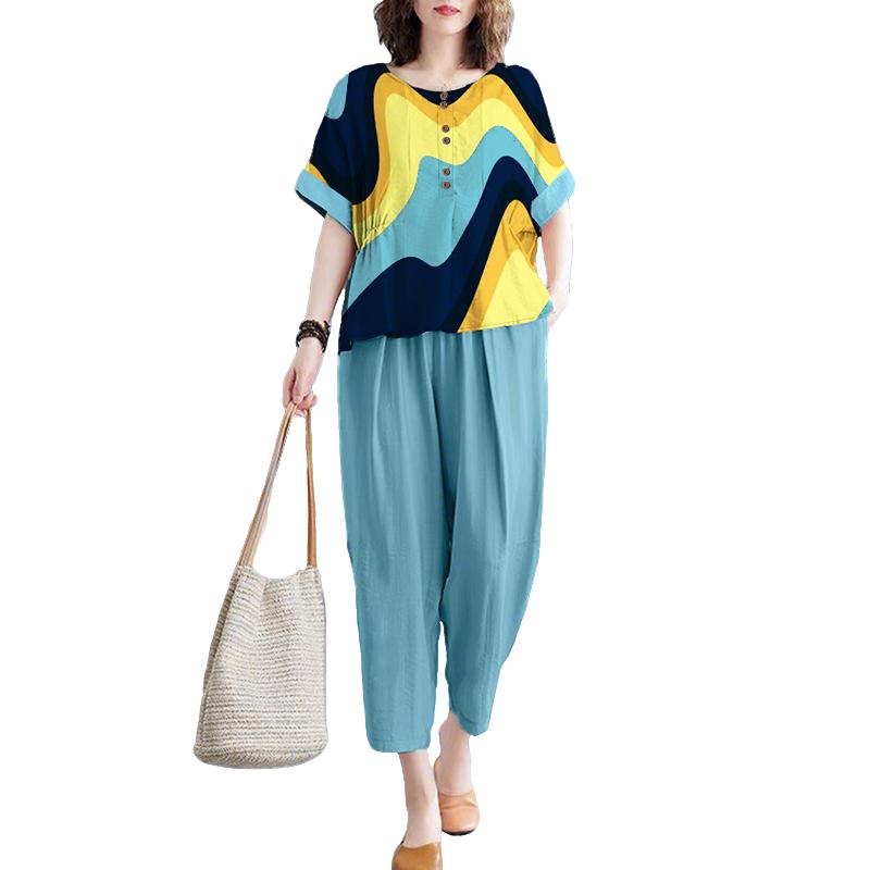 ZANZEA Women Short Sleeve Print Blouse and Pants Summer Two Piece Suit Sets