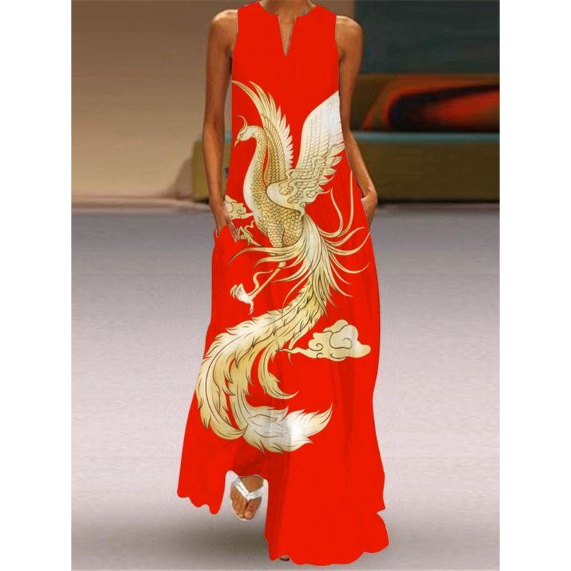 2025 New Arrival Dress Spring and Summer Thin Plus Size Women's Clothing 3D Print Fashion V Neck Pocket Large Swing Dress