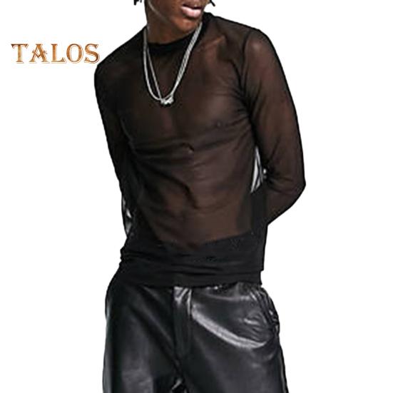 

Мужской сетчатый топ, ультратонкий, прозрачный, с круглым вырезом, длинными рукавами, однотонный, эластичный, облегающий, укрепляющий мышцы, домашняя одежда для вечеринок, клубных танцев, выступлений, футболка L