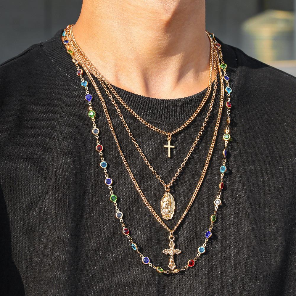 Geometric Cross Pendant Necklace With Tassel And Colorful Crystals For Fashion Forward Men And Women