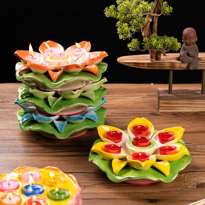 1PCS Ceramic Lotus Candlestick Household Buddha Seven Star Butter Lamp Holder Buddha Utensils