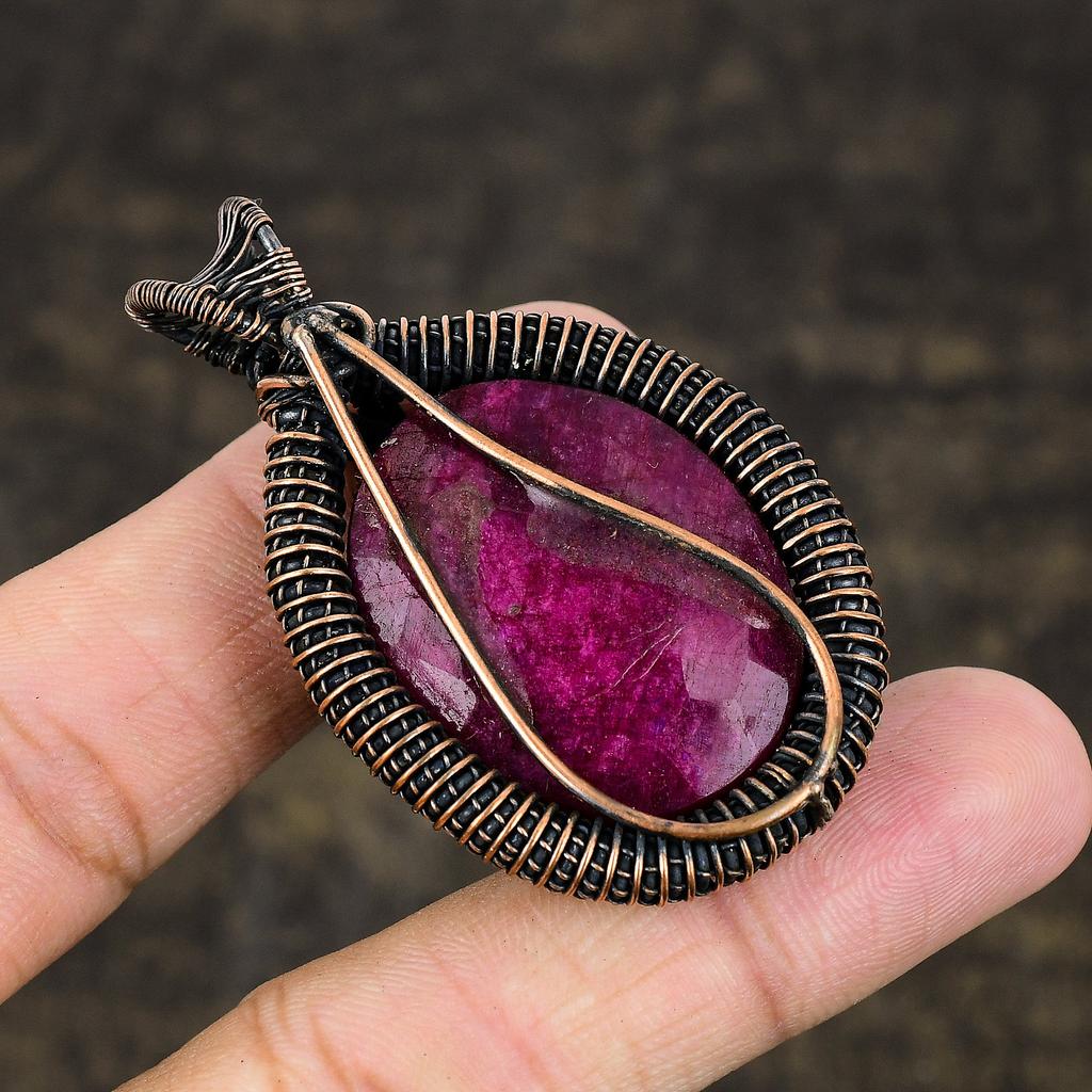 Ruby Natural Gemstone Handmade Copper Wire Wrap Jewelry Pendant 2.28" u8C49