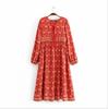 Europe and the United States Popular Bohemian Cotton Printing Dress Trend Hot Selling Fringed Long Sleeve Big Swing Dress