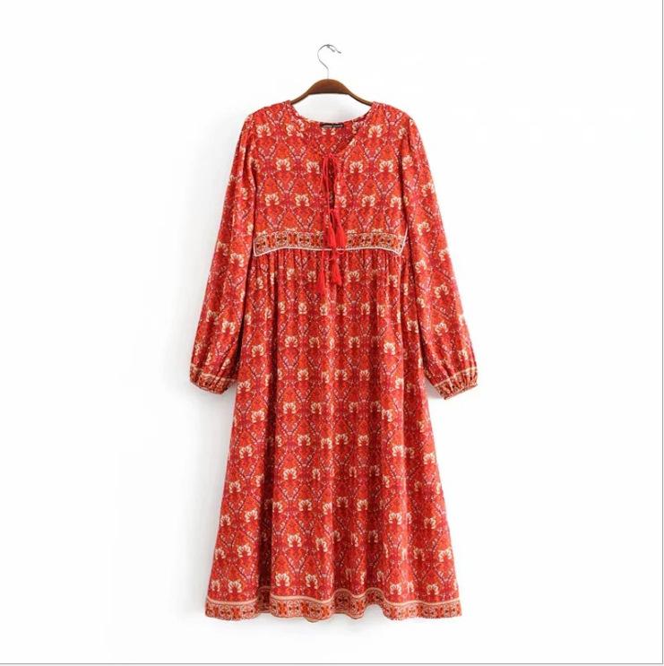 Europe and the United States Popular Bohemian Cotton Printing Dress Trend Hot Selling Fringed Long Sleeve Big Swing Dress