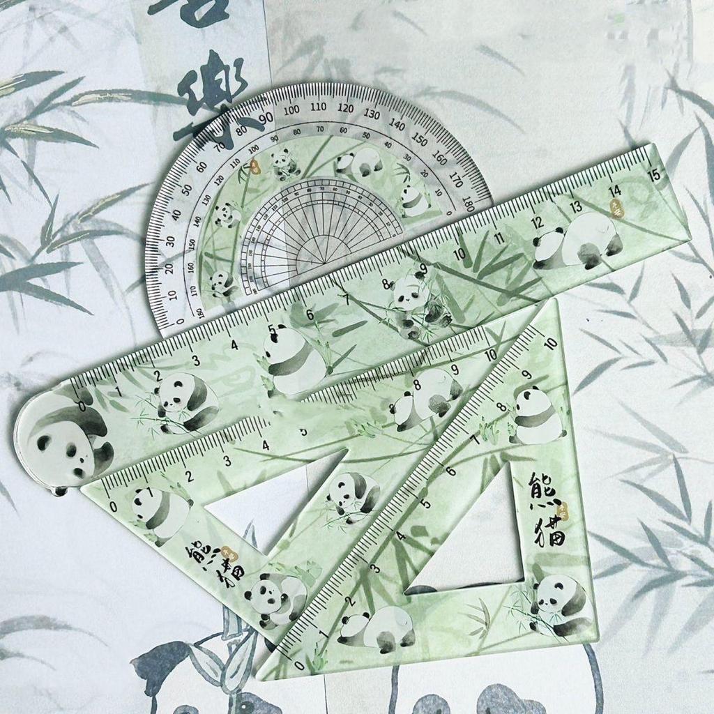 Righello di loto verde di poesia cinese, set da 4 pezzi, righello trasparente a triangolo, goniometro, cancelleria, articoli per il ritorno a scuola