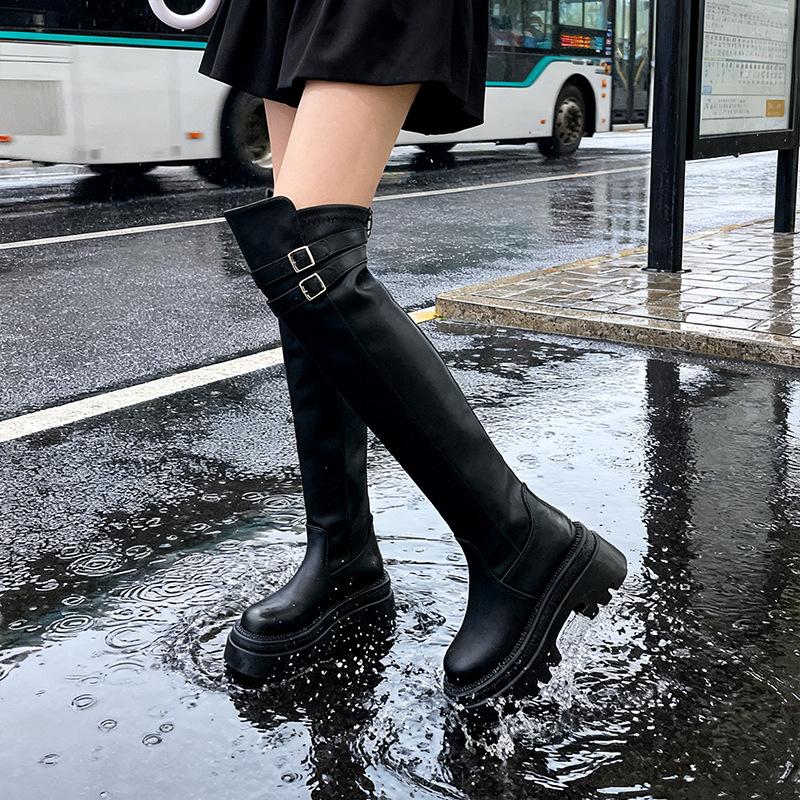 Over-knee boots women's autumn and winter 2025 new retro round head thick-soled high boots thick heel belt buckle elastic thin boots