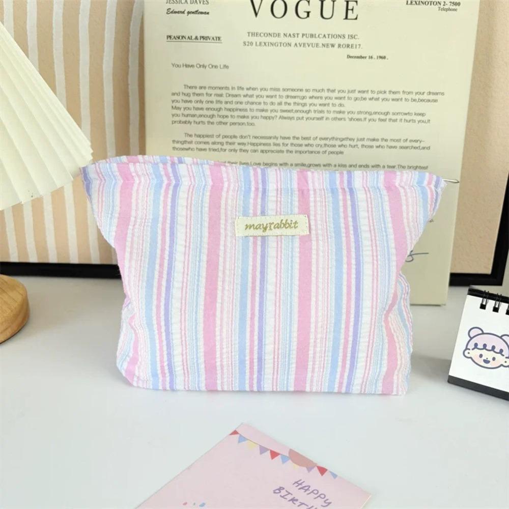 Portable Large Capacity Ruffled Striped Toiletry Bag, Travel Makeup Pouch for Women, Skincare Storage Liner & Cosmetic Organizer