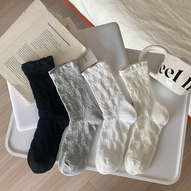 Women's Spring Thin Solid Color Mesh Boneless Pleat Versatile Medium Tube Cotton Socks