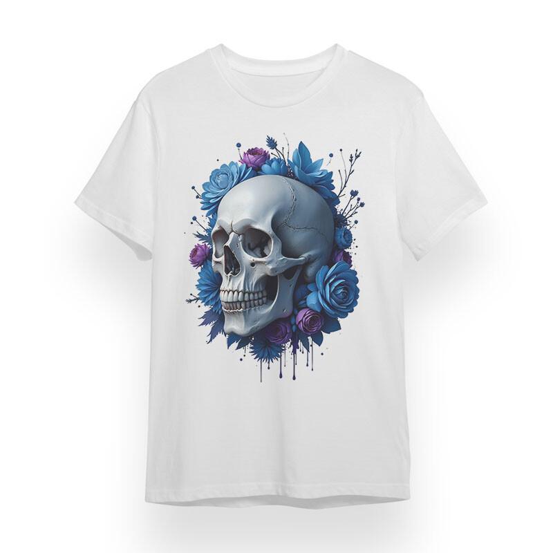 Men's Plus Size T-shirt With Dark Skull Floral Unisex White 100% Cotton Tee USA