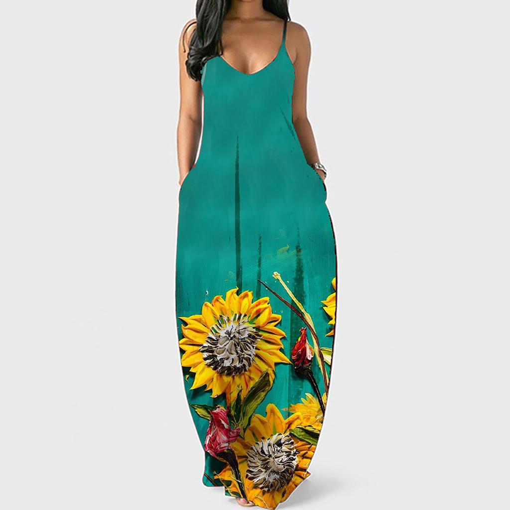 Women Summer  Sunflower Print Sleeveless Plus Size Pullover Long Dresses
