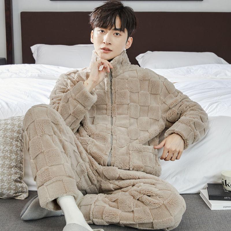 Men's Pajamas Winter Flannel Thickened Plus Velvet Homewear Autumn And Winter Days Warm Coral Fleece Zipper Style Two-piece Set
