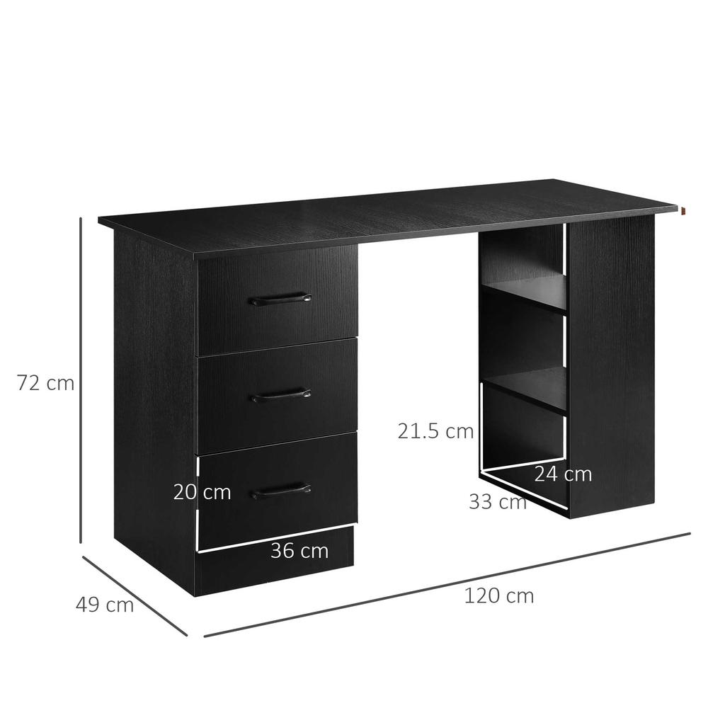 Modern Desk In Wood with 3 Drawers and 3 Shelves for Bedroom and Office, 120x49x72cm, Black