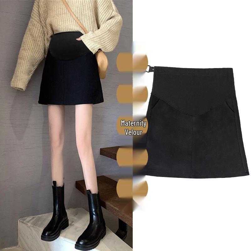 High Waist Velvet A-line Maternity Mini Skirt - Retro Autumn/Winter Style M