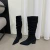 2025 autumn and winter new European and American fashion pointed thick heel pleated piled boots autumn and winter velvet high boots knight boots