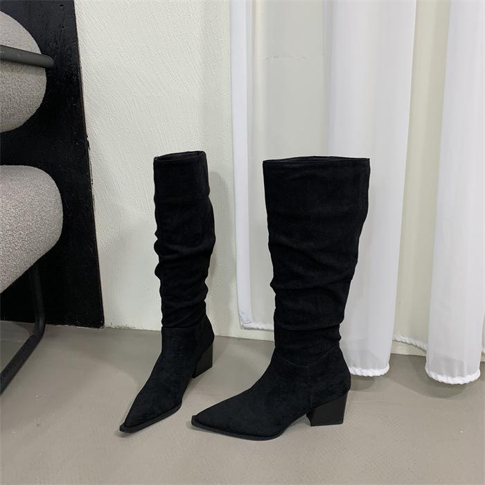 2025 autumn and winter new European and American fashion pointed thick heel pleated piled boots autumn and winter velvet high boots knight boots