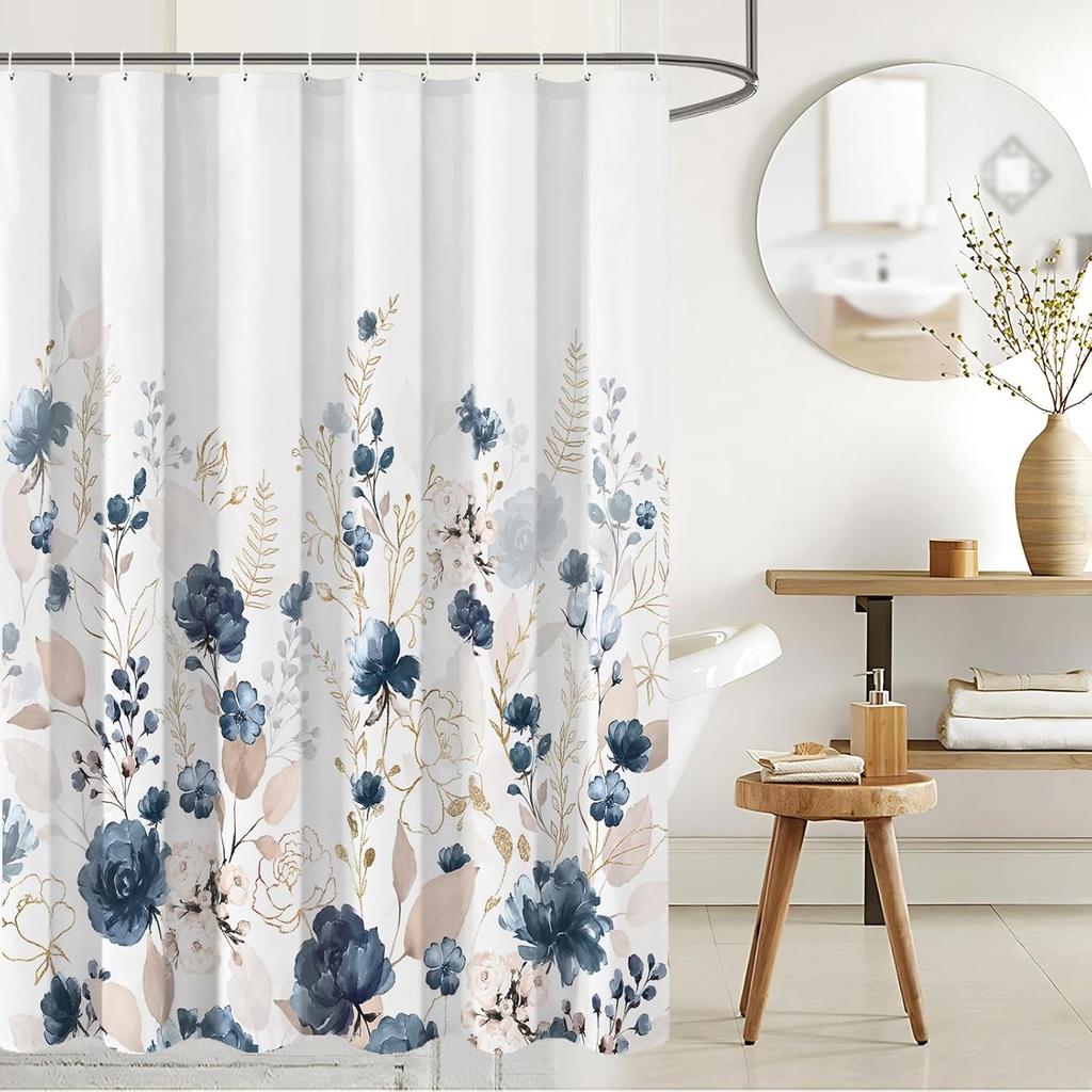 Ästhetische Marineblaue Florale Duschvorhangsets, Aquarell Goldene Blumen Blätter Badezimmer Dekorativ 72x72 Zoll Polyester Wasserpro