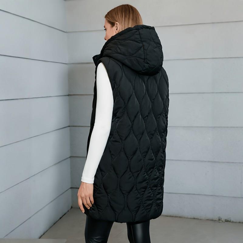 Womens Hooded Quilted Mid-Length Cotton Vest Loose Warm Zipper Outerwear Fall 2026