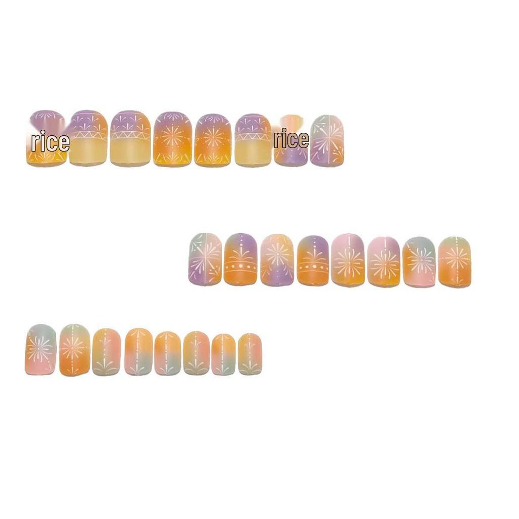 Orange Gradient Fireworks Press-on Nails: Bohemian Style Colorful Fake Fingernail Stickers