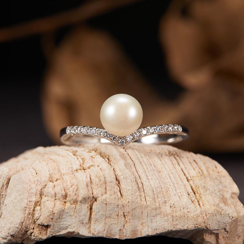 V-Shaped Autumn And Winter S925 Sterling Silver 18K Natural Freshwater Pearl Ring Index Finger Ring Cold Wind Light Luxury Niche Does Not Fade