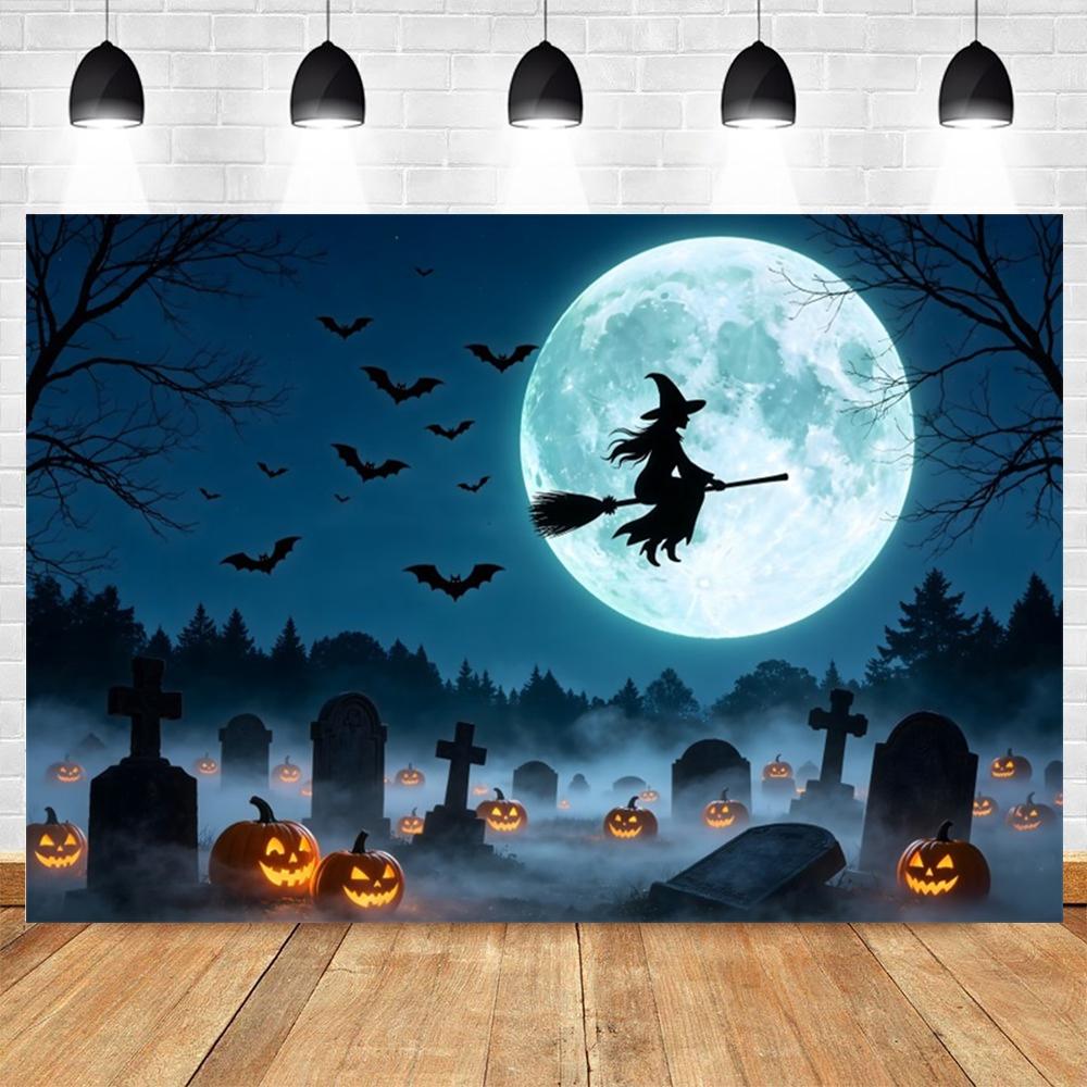 Halloween Full Moon Suburbs Cemetery Backdrop Scary Skull Castle Pumpkin Lantern Family Festival Party Decor Photo Background