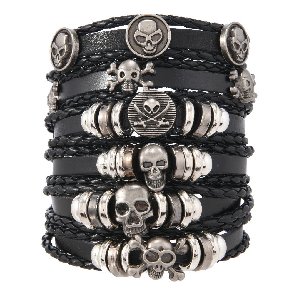 Punk Skull Beaded Bracelet for Men, Halloween Multi-layer Handmade Wristband