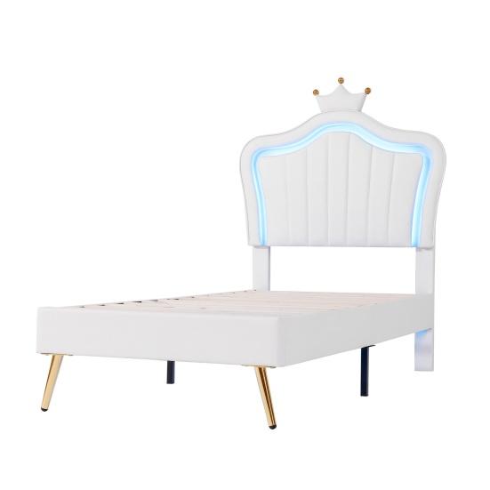 Bed Children Upholstered 90 x 200cm Frame for Girls White Crown Double Made of Faux Leather with LED Lights Slatted And Backrest (Mattress