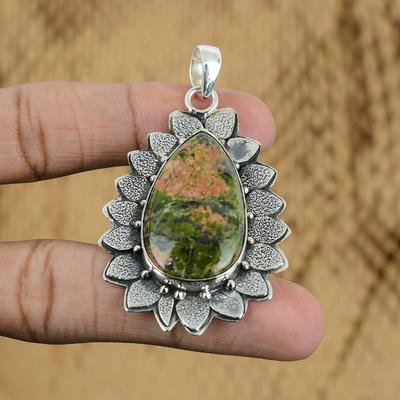 Natural Unakite Gemstone Pendant Handmade 925 Sterling Silver Indian Jewelry