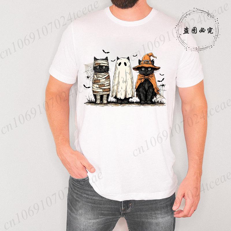 Mens TShirts Black Cat Pumpkin Print TShirt Funny Retro Halloween Graphic Tees for Men Women Clothes Tops Short Sleeve Shirts