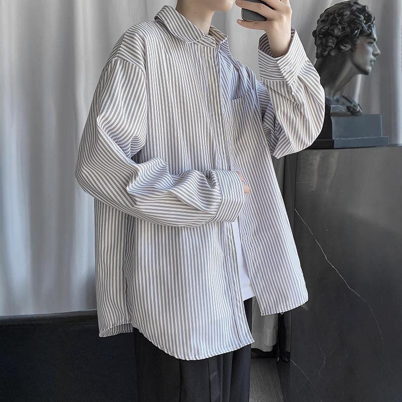 Blue White Striped Long Sleeve Shirt Men Casual Summer Loose