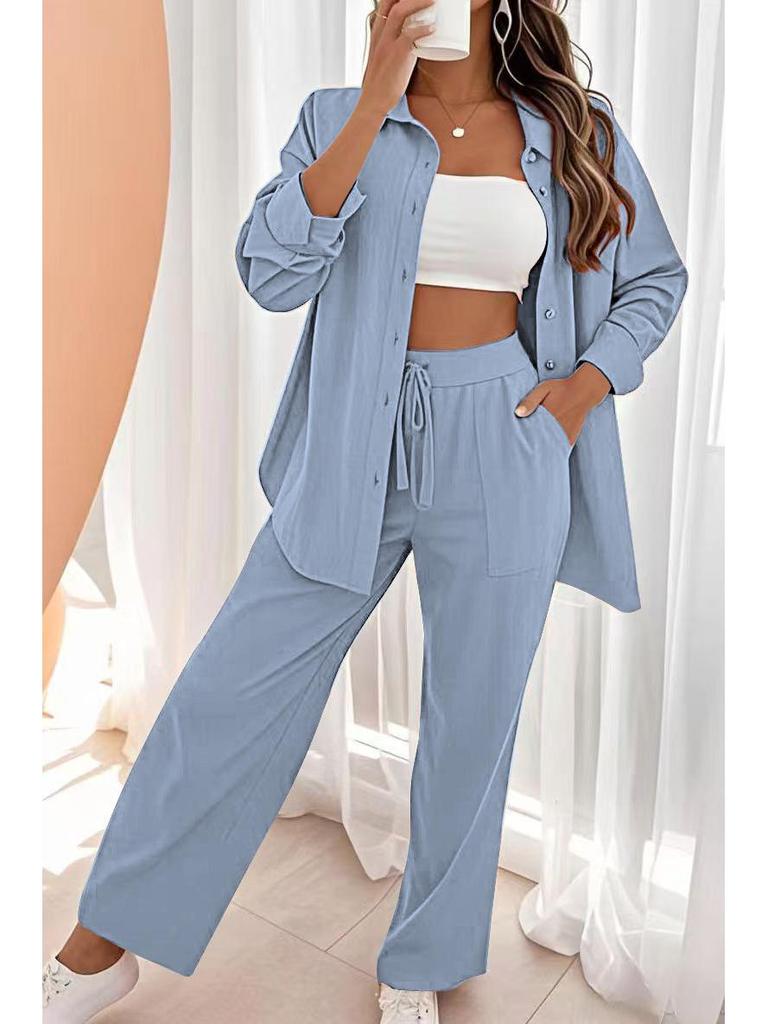 2024 Women's Casual Two-Piece Shorts Set - Solid Color Loose Short Sleeve Shirt with Single-Breasted Design