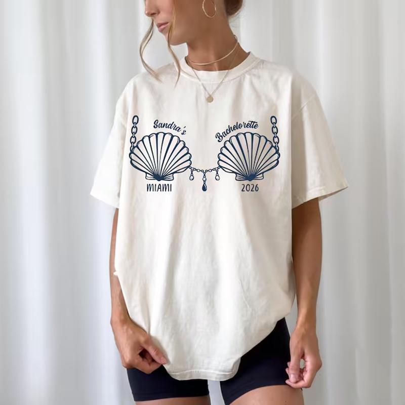 Bachelorette Shell Bra Print TShirt Coastal Beach Bachelorette Party Graphic Tee Casual Loose Fit Short Sleeve Tops for Unisex