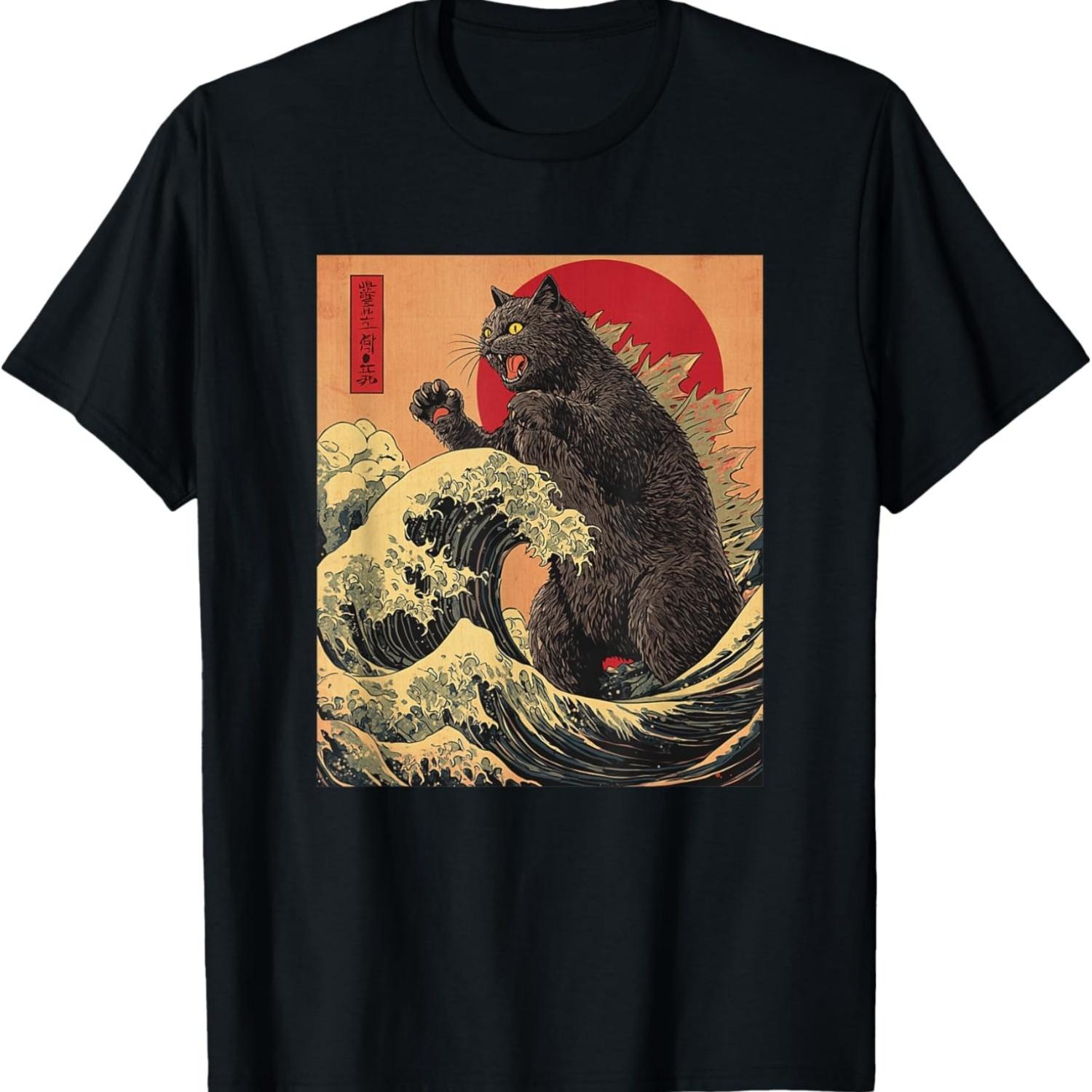 Котзилла Кот Японское Аниме Каваи Закат Футболка S чёрный