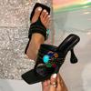 Luxury Gemstone Decoration Brand Slippers Women Fashion Rivet Buckle Thin Heel Slide Sandals Sexy Clip Toe Plus Size Flip Flops