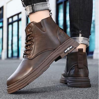 Herren Retro Motorrad Arbeitsstiefel mit weicher Sohle Herbst Winter Dicke Sohle High Top Casual Arbeitsstiefeletten Seitlicher Reißverschluss Lederstiefel