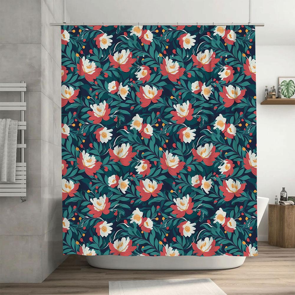 Delightful Garden Floral Shower Curtain White Colorful Bloom Decorative Waterproof Bathroom Liner Set for Home Bath Decoration (