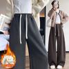 Womens High-Waisted Wide-Leg Fleece-Lined Cotton Blend Casual Trousers Loose Fit Winter Pants