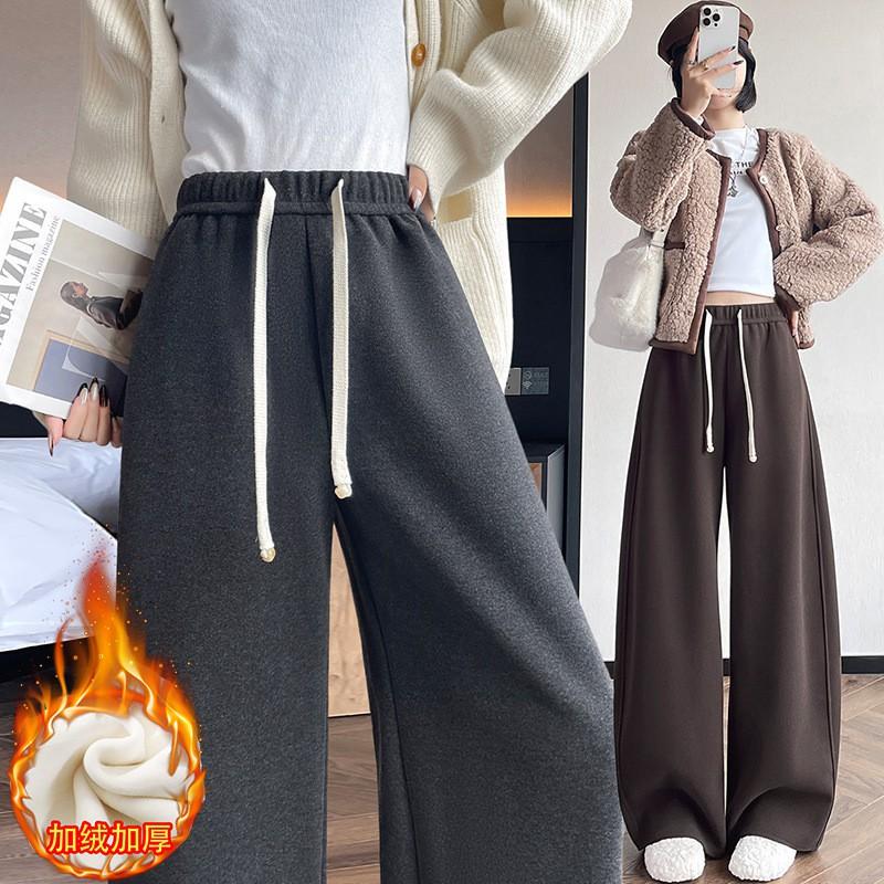 Womens High-Waisted Wide-Leg Fleece-Lined Cotton Blend Casual Trousers Loose Fit Winter Pants