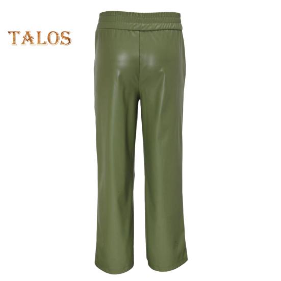 Women Flared Pants Slim High Waist Loose Pockets Faux Leather Elastic Waist Wide Leg Streetwear Solid Color Trousers for Work Leisure Daily Wear