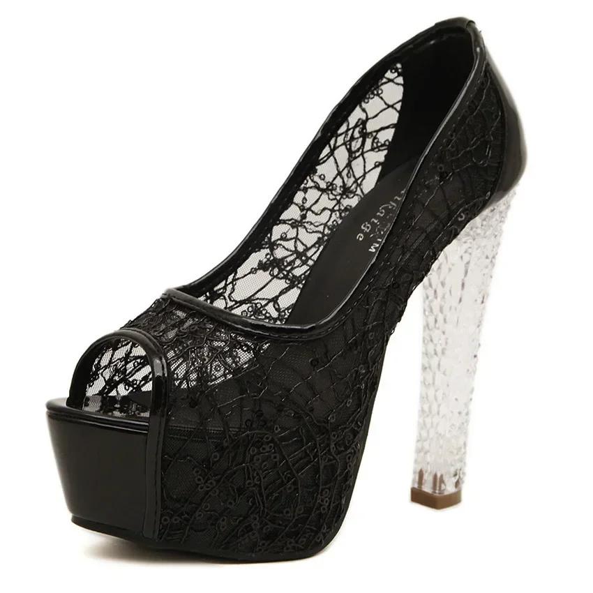 Fish Mouth Sandals New Fashion Summer Transparent Women Thick High Heel Crystal Shoes