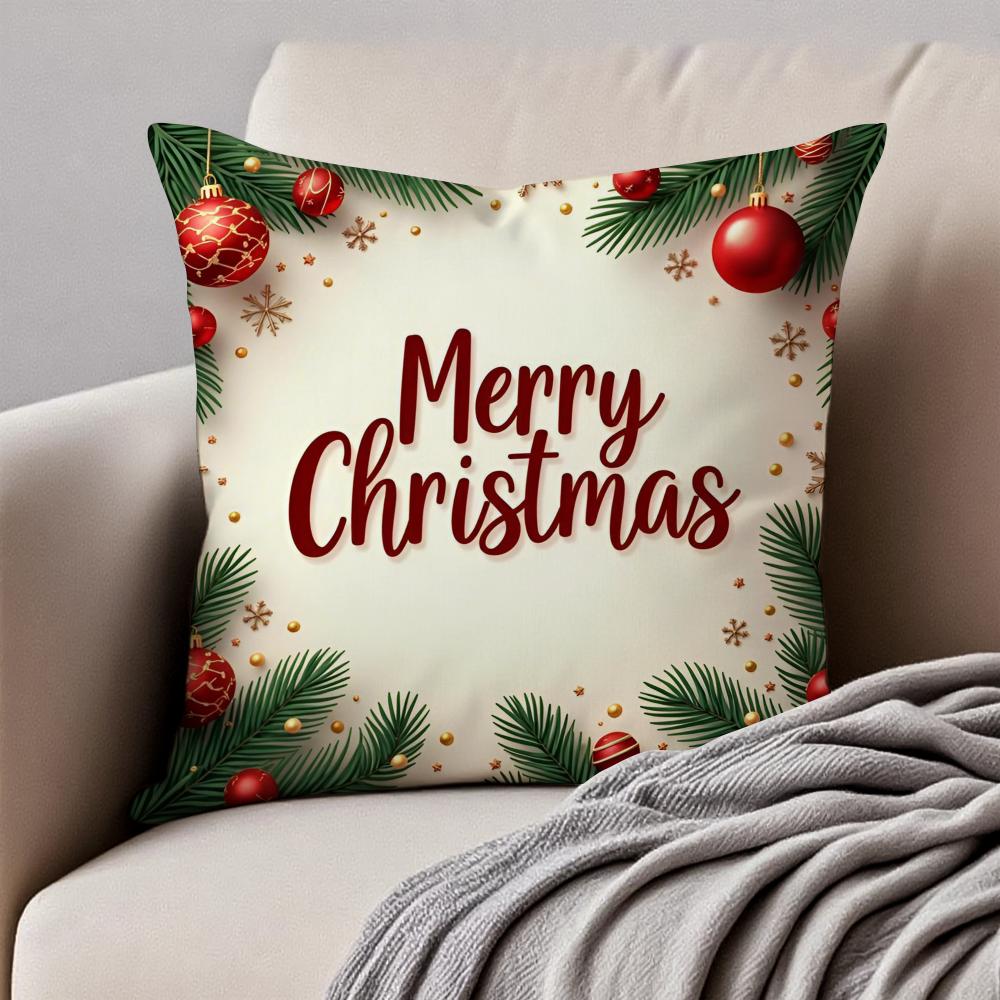 Happy Red Festive Cozy Art Merry Christmas Cushion Cover Pillowcase Anti-Dustmite Invisible Zipper Short Plush Sofa Cushion
