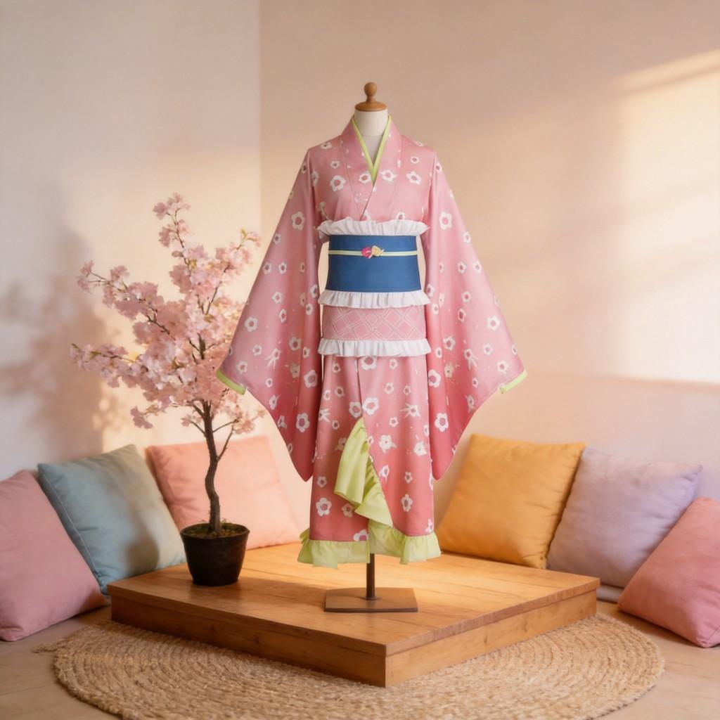Set Costume Cosplay Nezuko di Demon Slayer con Tessuto Morbido Per Fan di Anime