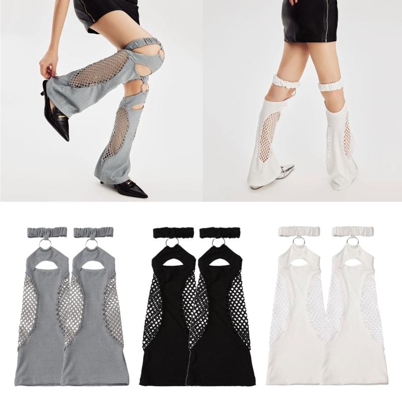 Women Harajuku Suspender Flared Leg Warmer Aesthetic Punk Garters Stockings Hollow Out Fishnet Leg Cover Streetwear