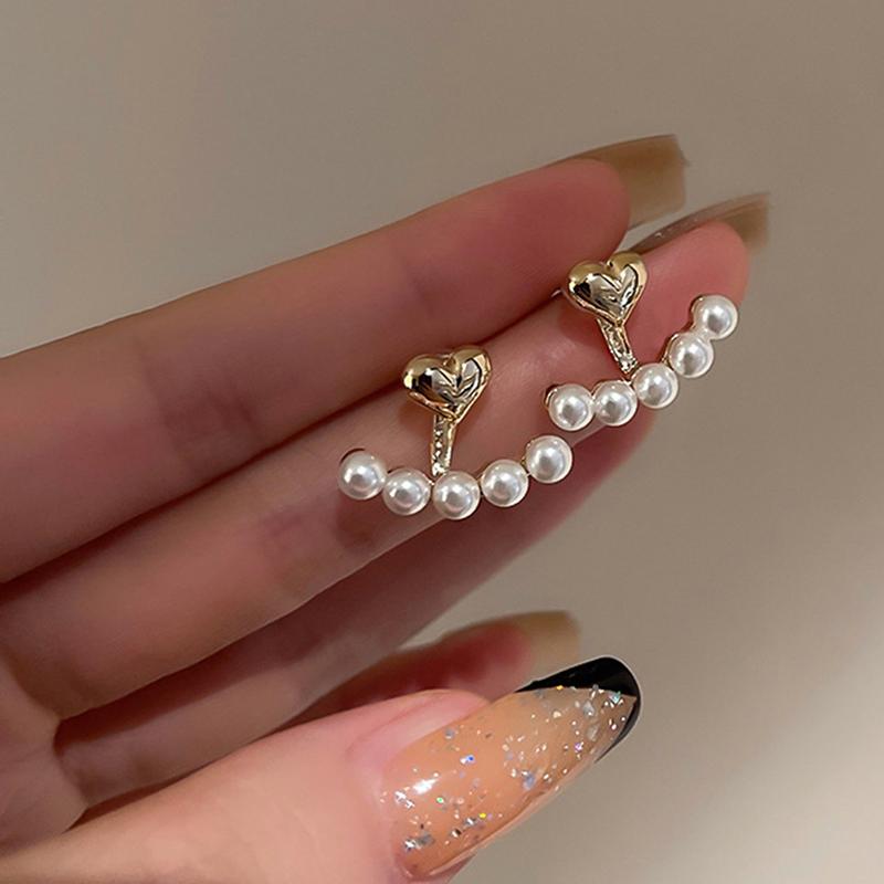 1 pereche Cercei eleganți metalici în formă de inimă cu perle suspendate la spate Bijuterii coreene Pentru femei Fete Accesorii