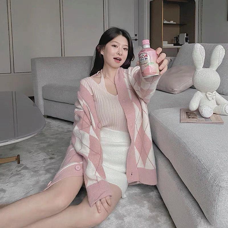 Danmo Fashion Plaid Knitted Cardigan Women Long Sleeve Casual Loose Sweaters Vintage Japanese Style Oversized Coat