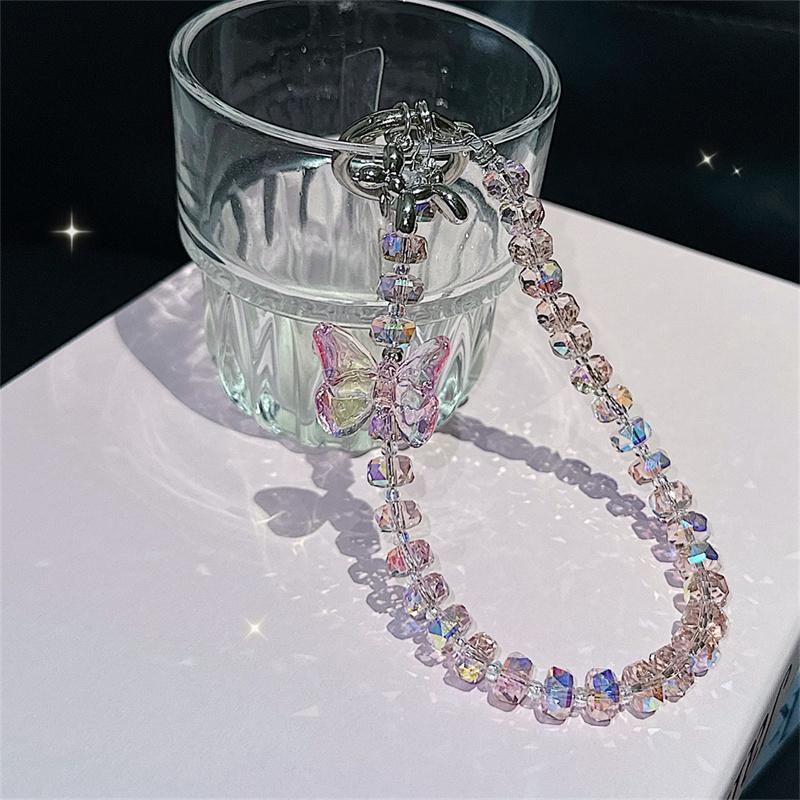 Luxury Colorful Butterfly Crystal Bead Phone Bracelet Strap Charm Chain Knot Cellphone Lanyard Keychain Bag Camera keychain Pend