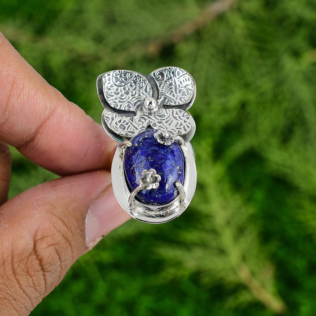 Mothers day Deal Lapis Lazuli Stone Promise New Flower Ring 925 Sterling Silver