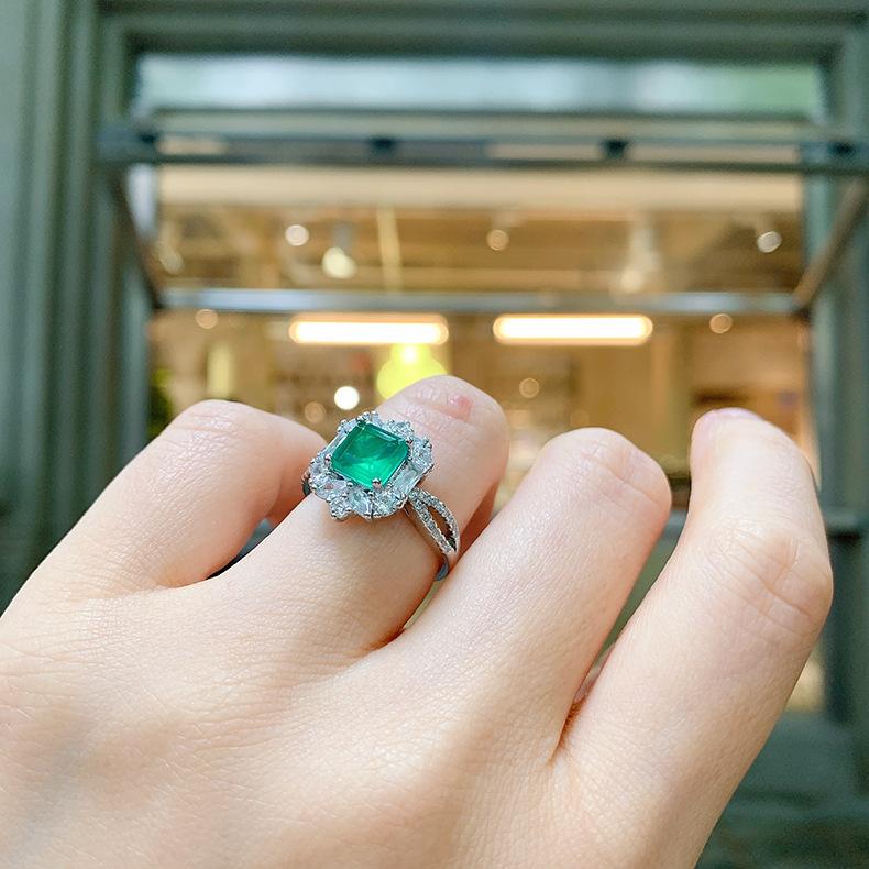 Small Square Emerald Jewelry Set Internet Famous Noblewoman Necklace Pendant Ring Earring Women's