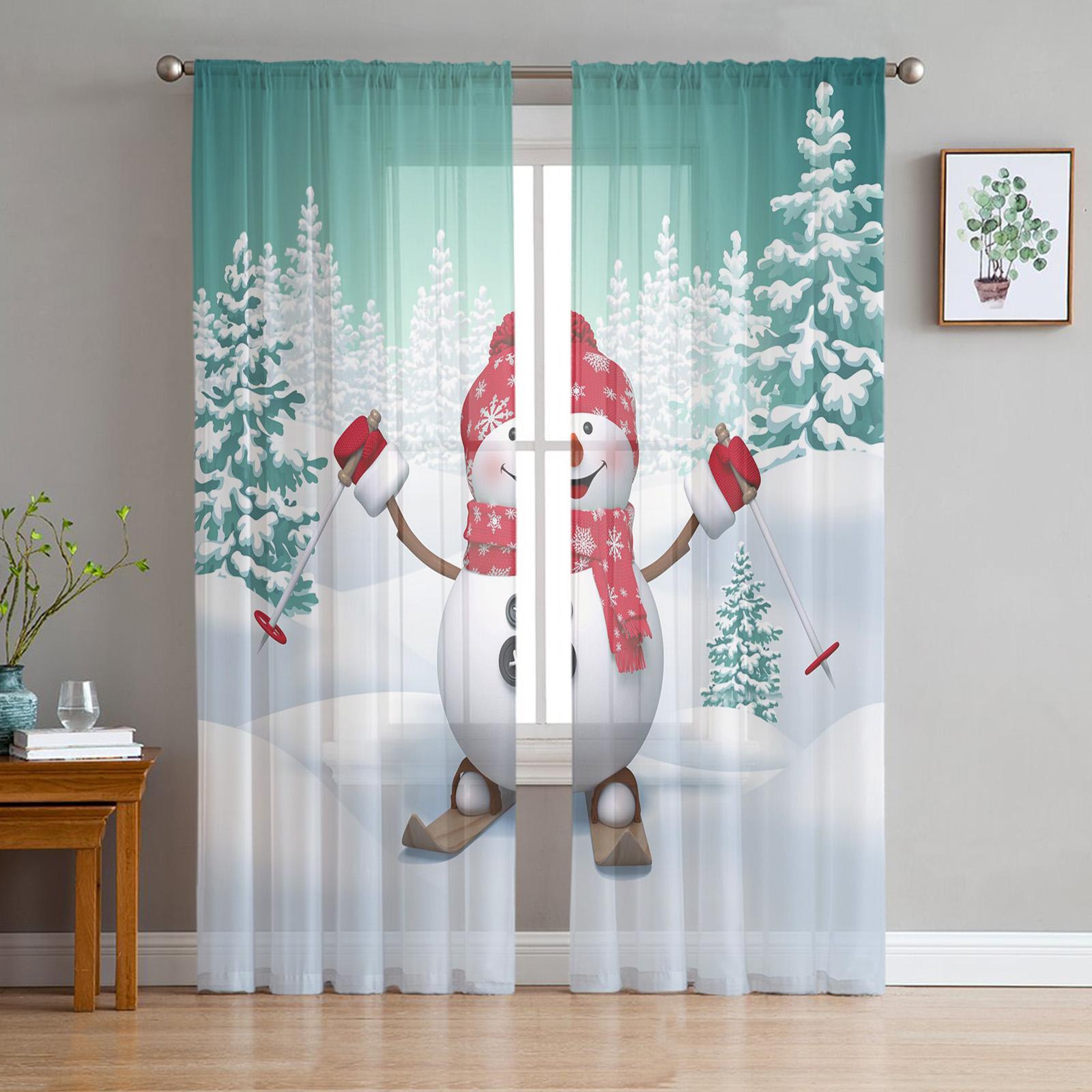 

Рождественский снеговик, лыжи, зимний лес, тюль, прозрачные шторы для гостиной, спальни, современные вуали, органза, шторы, портьеры W135 x H115cm x1