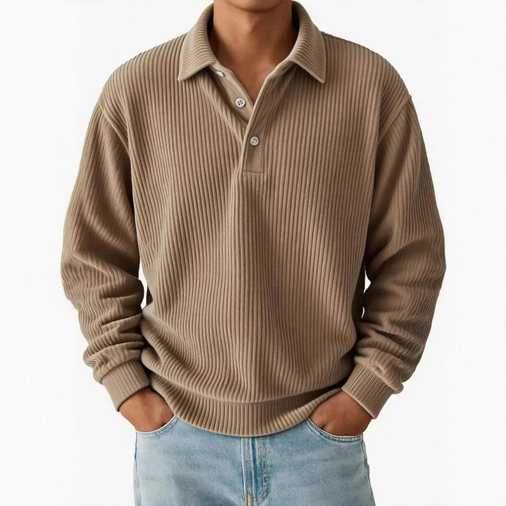 Automne Hiver Hommes Rétro Polos Décontracté Velours Côtelé Uni Rayé Manches Longues Polo Homme Hauts Affaires