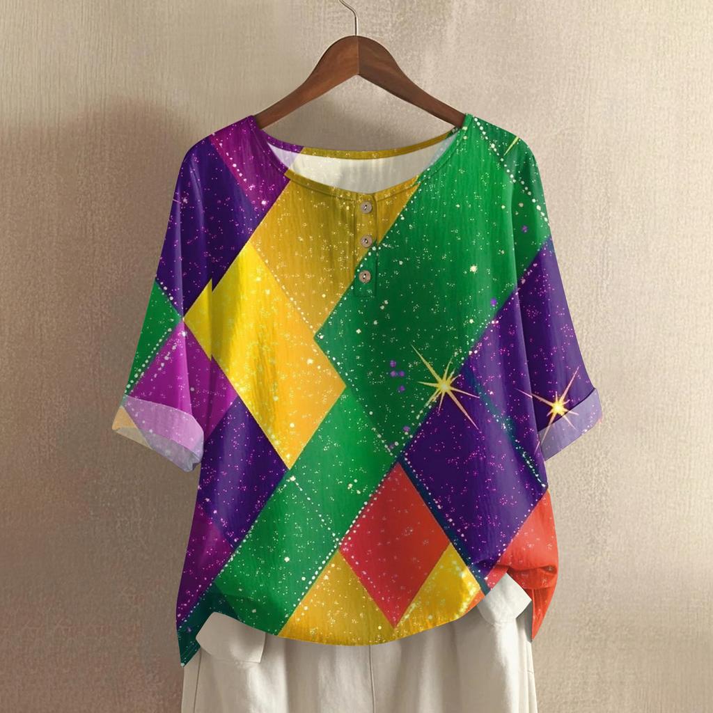 Women's Carnival Printed Casual Mid Sleeve Round Neck Cotton And Hemp Top
